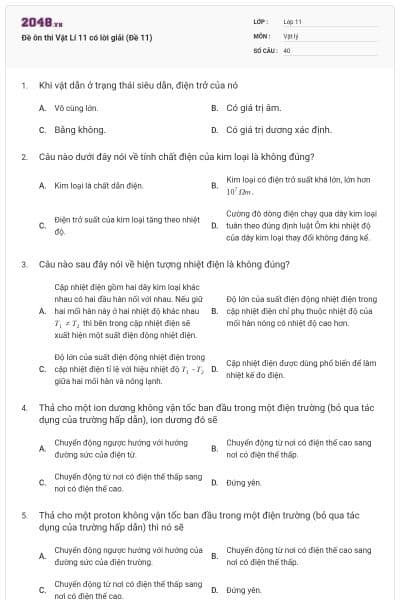 Đề ôn thi Vật Lí 11 có lời giải (Đề 11)