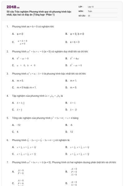 50 câu Trắc nghiệm Phương trình quy về phương trình bậc nhất, bậc hai có đáp án (Tổng hợp- Phần 1)