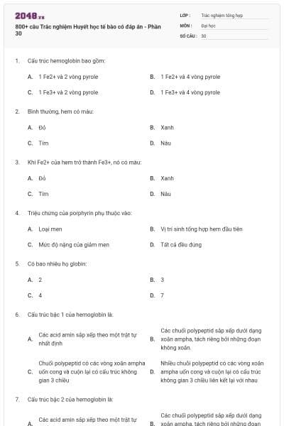 800+ câu Trắc nghiệm Huyết học tế bào có đáp án - Phần 30