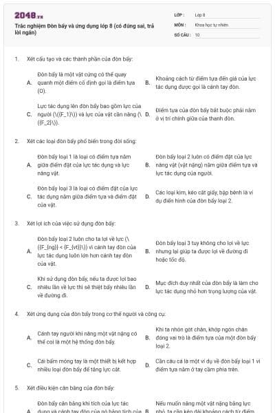 Trắc nghiệm Đòn bẩy và ứng dụng lớp 8 (có đúng sai, trả lời ngắn)