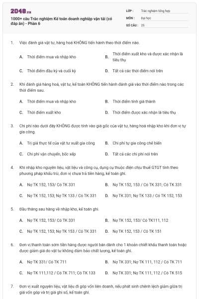 1000+ câu Trắc nghiệm Kế toán doanh nghiệp vận tải (có đáp án) - Phần 6