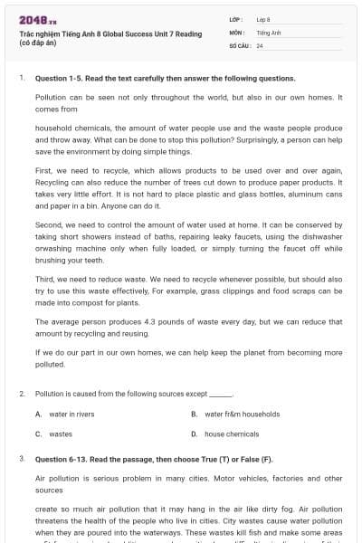 Trắc nghiệm Tiếng Anh 8 Global Success Unit 7 Reading (có đáp án)