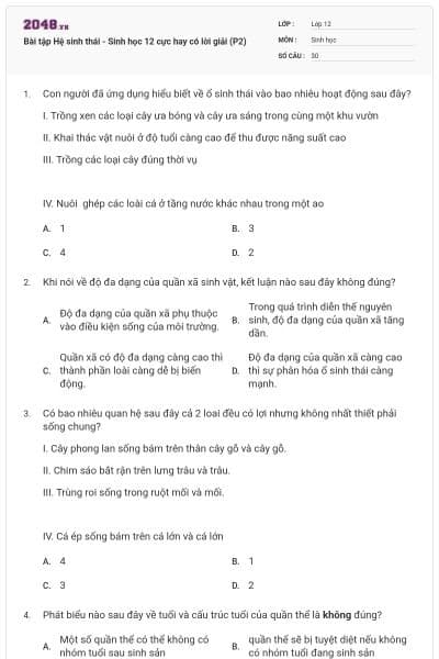Bài tập Hệ sinh thái - Sinh học 12 cực hay có lời giải (P2)