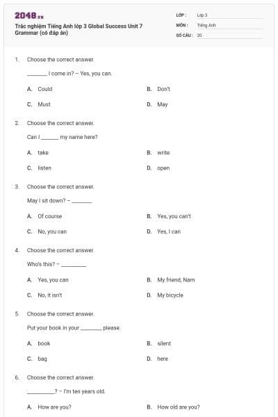 Trắc nghiệm Tiếng Anh lớp 3 Global Success Unit 7 Grammar (có đáp án)