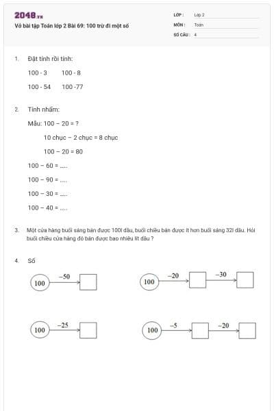 Vở bài tập Toán lớp 2 Bài 69: 100 trừ đi một số