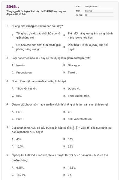 Tổng hợp đề ôn luyện Sinh Học thi THPTQG cực hay có đáp án (Đề số 14)