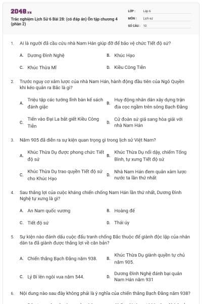 Trắc nghiệm Lịch Sử 6 Bài 28: (có đáp án) Ôn tập chương 4 (phần 2)