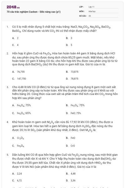 70 câu trắc nghiệm Cacbon - Silic nâng cao (p1)