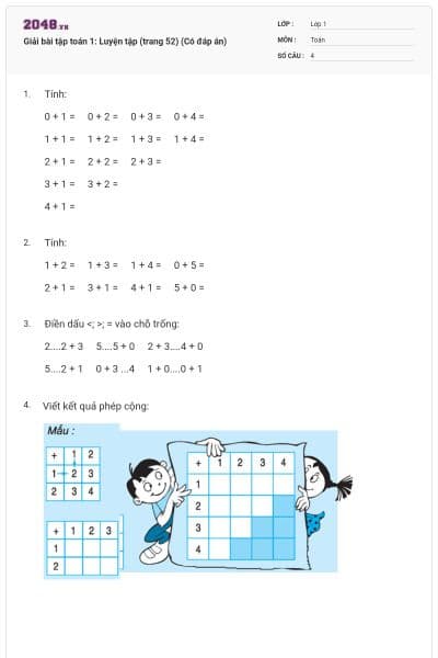 Giải bài tập toán 1: Luyện tập (trang 52) (Có đáp án)