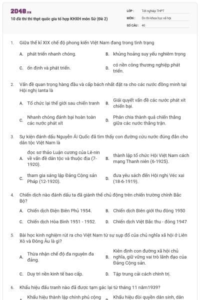 10 đề thi thi thpt quốc gia tổ hợp KHXH môn Sử (Đề 2)