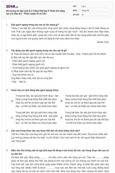 Đề cương ôn tập cuối kì 2 Tiếng Việt lớp 5 Chân trời sáng tạo (có đáp án) - Phần Luyện từ và Câu