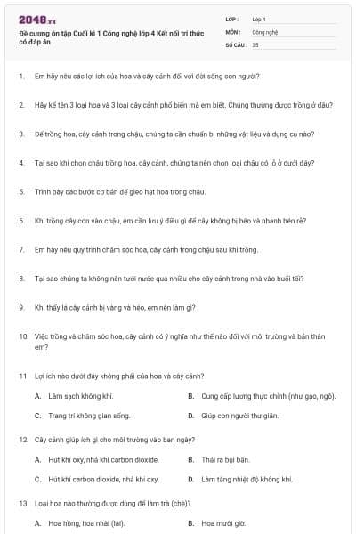 Đề cương ôn tập Cuối kì 1 Công nghệ lớp 4 Kết nối tri thức có đáp án