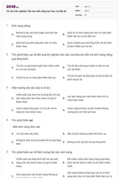 25 câu trắc nghiệm Tán sắc ánh sáng cực hay, có đáp án