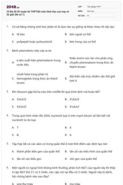 25 Bộ đề Ôn luyện thi THPTQG môn Sinh Học cực hay có lời giải (Đề số 1)