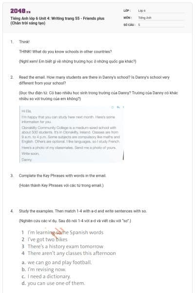 Tiếng Anh lớp 6 Unit 4: Writing trang 55 - Friends plus (Chân trời sáng tạo)