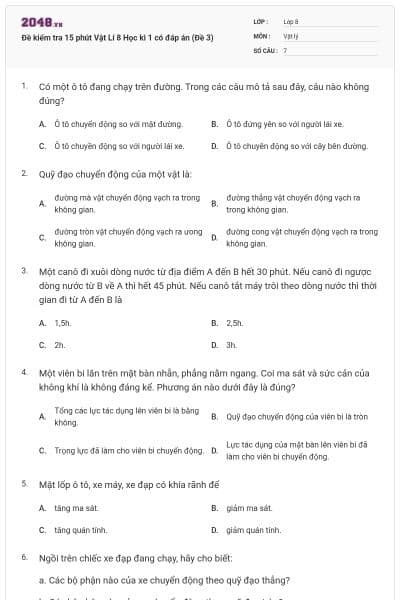 Đề kiểm tra 15 phút Vật Lí 8 Học kì 1 có đáp án (Đề 3)