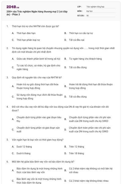 200+ câu Trắc nghiệm Ngân hàng thương mại 2 (có đáp án) - Phần 3