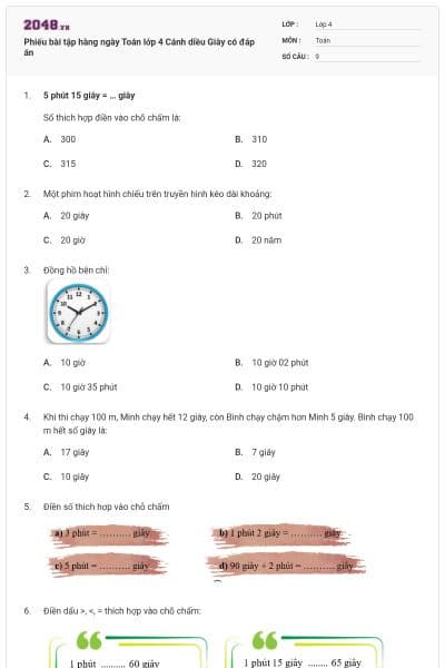 Phiếu bài tập hàng ngày Toán lớp 4 Cánh diều Giây có đáp án