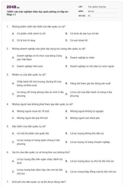 1000+ câu trắc nghiệm Giáo dục quốc phòng có đáp án - Phần 11