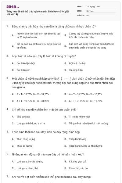 Tổng hợp đề thi thử trắc nghiệm môn Sinh Học có lời giải (Đề số 19)
