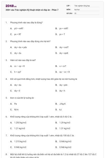 300+ câu Trắc nghiệm Kỹ thuật nhiệt có đáp án - Phần 7