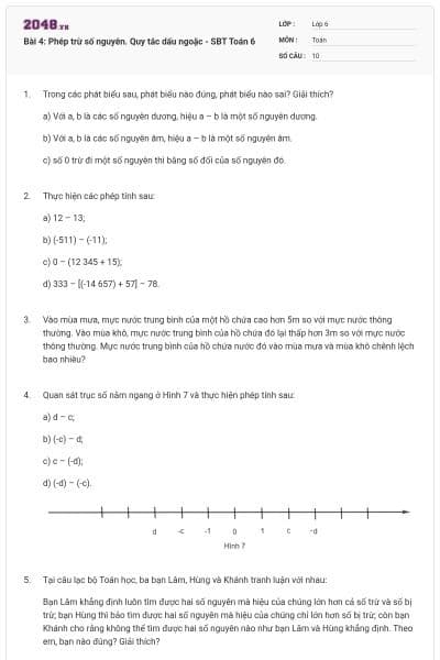 Bài 4: Phép trừ số nguyên. Quy tắc dấu ngoặc - SBT Toán 6