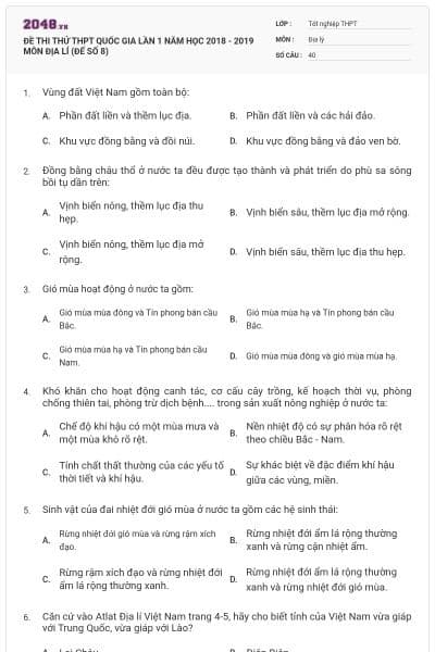 ĐỀ THI THỬ THPT QUỐC GIA LẦN 1 NĂM HỌC 2018 - 2019 MÔN ĐỊA LÍ (ĐẾ SỐ 8)