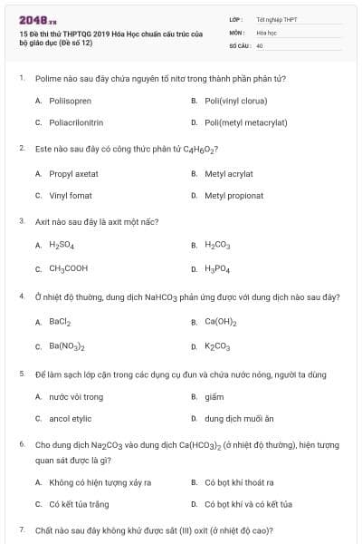 15 Đề thi thử THPTQG 2019 Hóa Học chuẩn cấu trúc của bộ giáo dục (Đề số 12)
