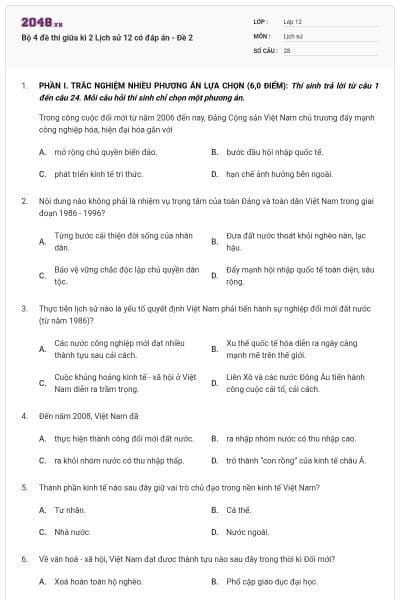 Bộ 4 đề thi giữa kì 2 Lịch sử 12 có đáp án - Đề 2