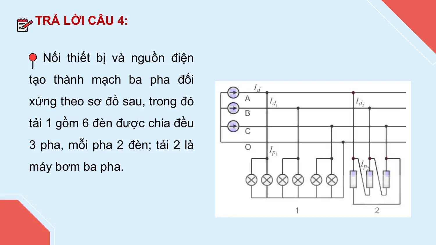 TRẢ LỜI CÂU 4:

 Nối thiết bị và nguồn điện
tạo thành mạch ba pha đối
xứng theo sơ đồ sau, trong đó
tải 1 gồm 6 đèn được chia đều
3 pha, mỗi pha 2 đèn; tải 2 là
máy bơm ba pha.