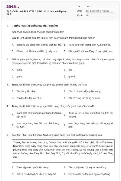 Bộ 3 đề thi cuối kì 1 KTPL 11 Kết nối tri thức có đáp án - Đề 2