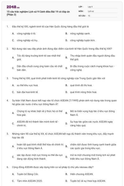 15 câu trắc nghiệm Lịch sử 9 Cánh diều Bài 19 có đáp án (Phần 3)