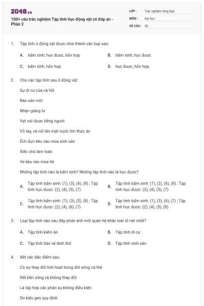 100+ câu trắc nghiệm Tập tính học động vật có đáp án - Phần 2