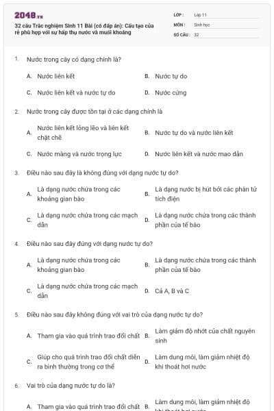 32 câu  Trắc nghiệm Sinh 11 Bài  (có đáp án): Cấu tạo của rễ phù hợp với sự hấp thụ nước và muối khoáng