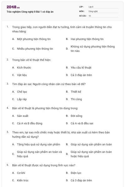 Trắc nghiệm Công nghệ 8 Bài 1 có đáp án