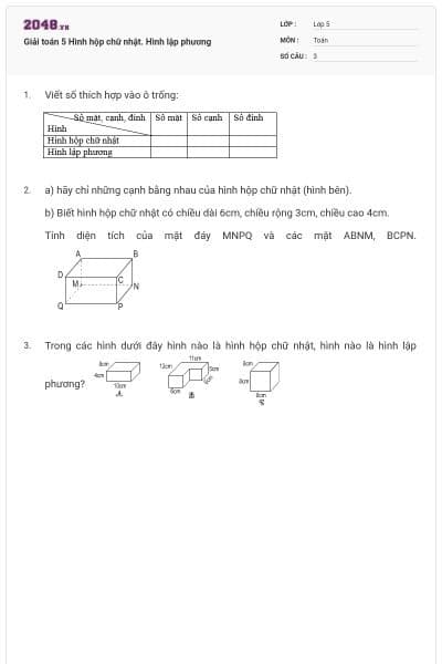 Giải toán 5 Hình hộp chữ nhật. Hình lập phương