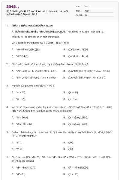 Bộ 5 đề thi giữa kì 2 Toán 11 Kết nối tri thức cấu trúc mới (có tự luận) có đáp án - Đề 3