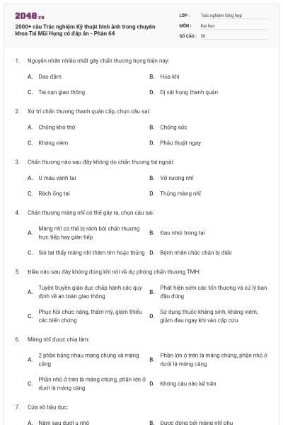 2000+ câu Trắc nghiệm Kỹ thuật hình ảnh trong chuyên khoa Tai Mũi Họng có đáp án - Phần 64