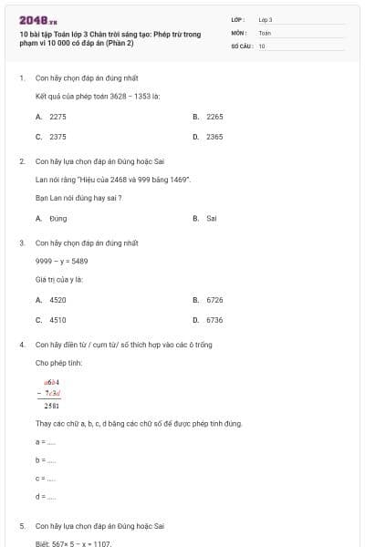 10 bài tập Toán lớp 3 Chân trời sáng tạo: Phép trừ trong phạm vi 10 000 có đáp án (Phần 2)