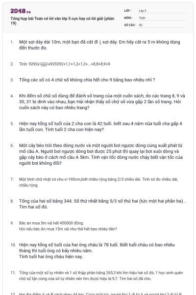 Tổng hợp bài Toán có lời văn lớp 5 cực hay có lời giải (phần 19)