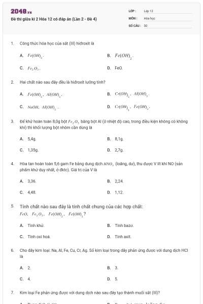 Đề thi giữa kì 2 Hóa 12 có đáp án (Lần 2 - Đề 4)