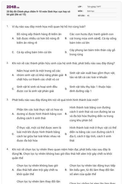 20 Bộ đề Chinh phục điểm 9-10 môn Sinh Học cực hay có lời giải (Đề số 15)