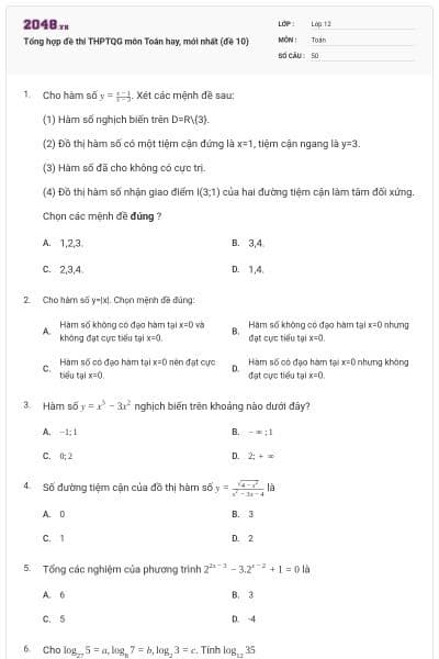 Tổng hợp đề thi THPTQG môn Toán hay, mới nhất (đề 10)