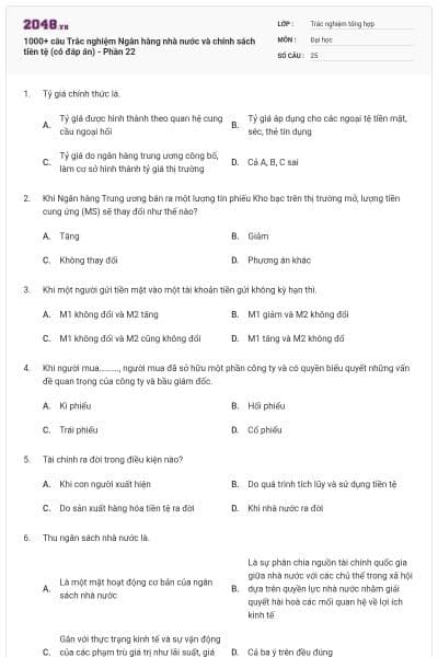 1000+ câu Trắc nghiệm Ngân hàng nhà nước và chính sách tiền tệ (có đáp án) - Phần 22