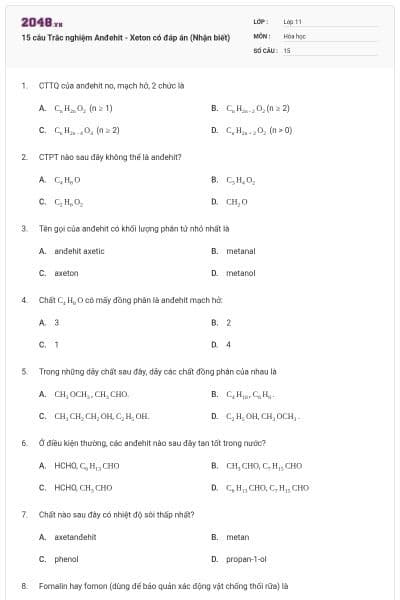 15 câu Trắc nghiệm Anđehit - Xeton có đáp án (Nhận biết)