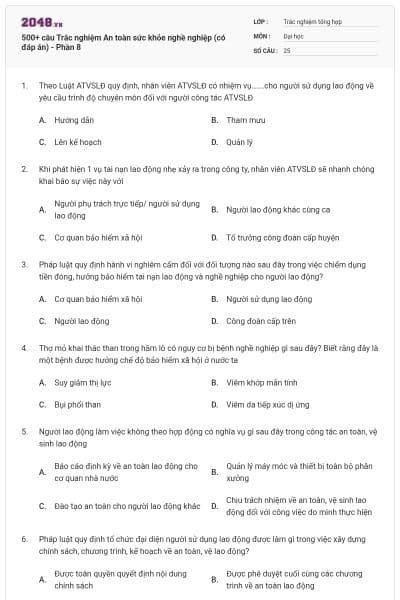 500+ câu Trắc nghiệm An toàn sức khỏe nghề nghiệp (có đáp án) - Phần 8