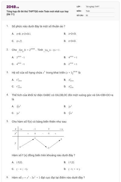 Tổng hợp đề thi thử THPTQG môn Toán mới nhất cực hay (Đề 11)