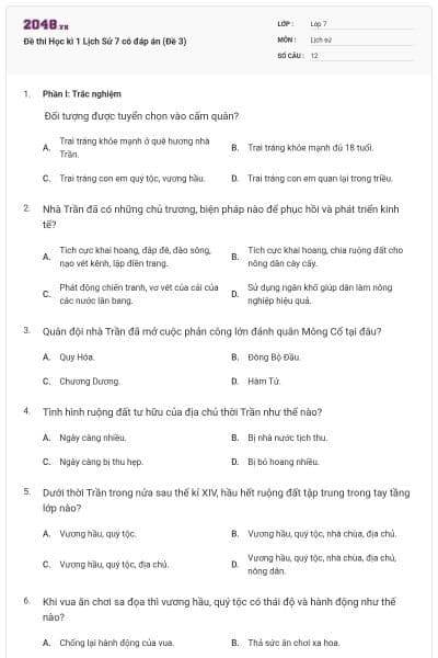 Đề thi Học kì 1 Lịch Sử 7 có đáp án (Đề 3)