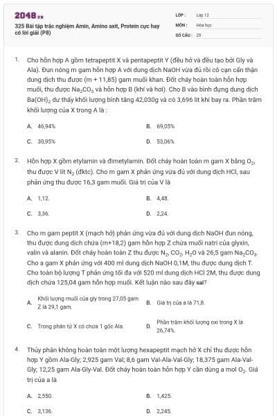 325 Bài tập trắc nghiệm Amin, Amino axit, Protein cực hay có lời giải (P8)