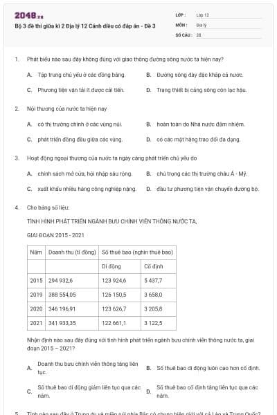 Bộ 3 đề thi giữa kì 2 Địa lý 12 Cánh diều có đáp án - Đề 3
